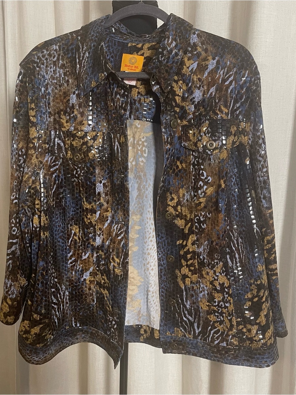 Ruby Rd. Woman Metallic Animal-Print Shirt Jacket in Black, Gold & Blue